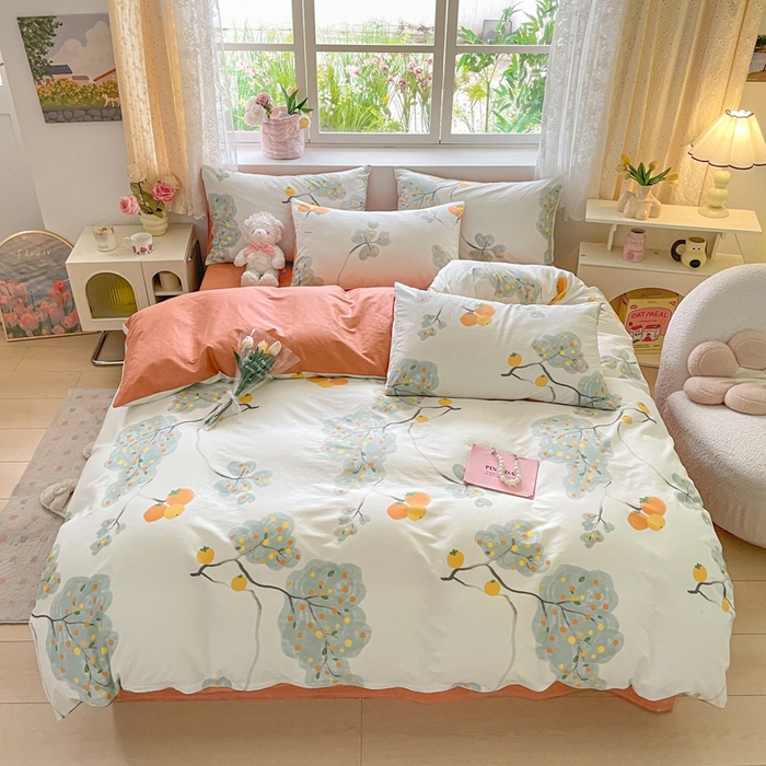 91家纺网 家纺一手货源 找家纺 洺兰家居 2025年新款13372全棉印花四件套纯棉小清新北欧风花卉床单床笠款套件 柿柿如意