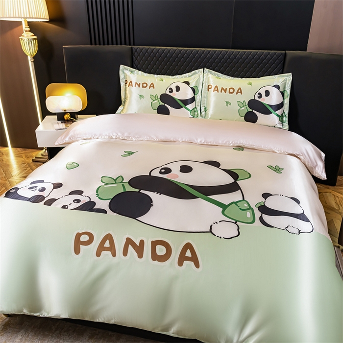 91家纺网 家纺一手货源 找家纺 梦舒羽 2025新款可水洗大版冰丝床单卡通床笠四件套 熊猫乐园-大版冰丝被套