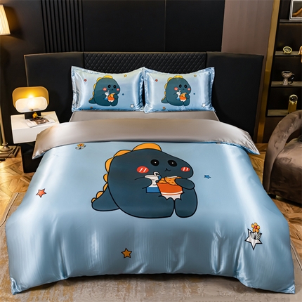 91家纺网 家纺一手货源 找家纺 圣比熊  2025新款可水洗大版冰丝床单卡通床笠四件套 小恐龙-大版冰丝被套