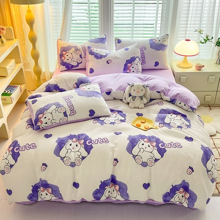 妖妖家纺 2024新款有氧水洗泡泡棉印花四套泡芙棉四件套 可爱兔兔