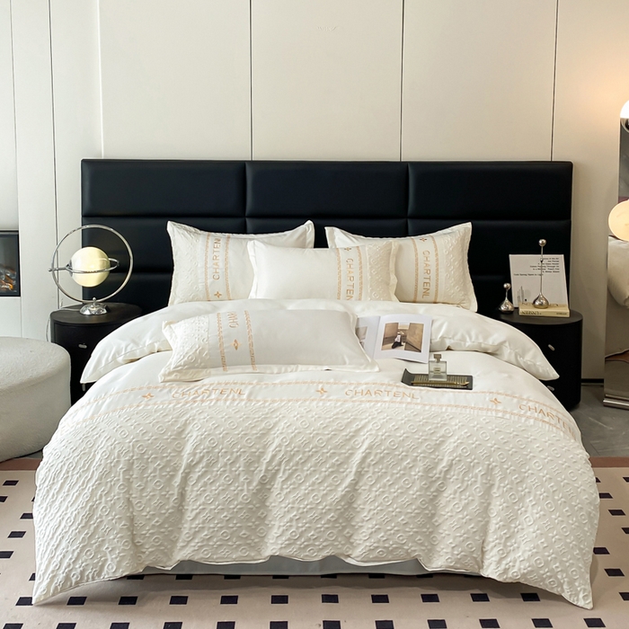 91家纺网 家纺一手货源 找家纺 梦之岛 2024新款A类浮雕立体水洗真丝天丝四件套 浮雕路易斯-奶白