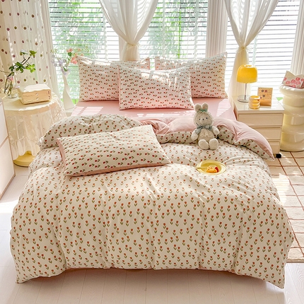 91家纺网 家纺一手货源 找家纺 妖妖家纺 2024新款有氧水洗泡泡棉印花四套泡芙棉四件套 绛纱