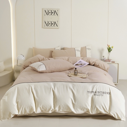 91家纺网 家纺一手货源 找家纺 涵美人家纺 2025新款纯棉全棉长绒棉高密加克重双拼刺绣四件套 奶咖色