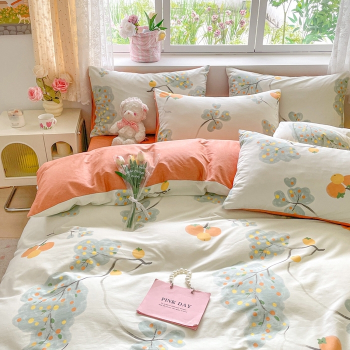 91家纺网 家纺一手货源 找家纺 洺兰家居 2025年新款13372全棉印花四件套纯棉小清新北欧风花卉床单床笠款套件 柿柿如意