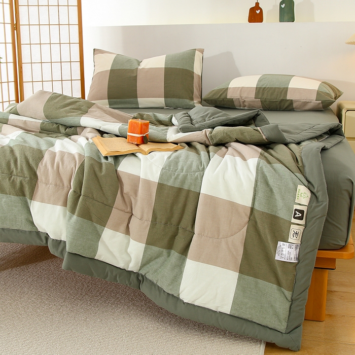 91家纺网 家纺一手货源 找家纺 花言狐语 2025新款A类全棉水洗棉夏被四件套 绿大格-单夏被