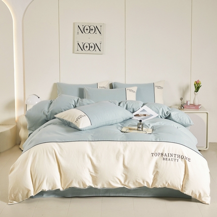 91家纺网 家纺一手货源 找家纺 涵美人家纺 2025新款纯棉全棉长绒棉高密加克重双拼刺绣四件套 繁星蓝