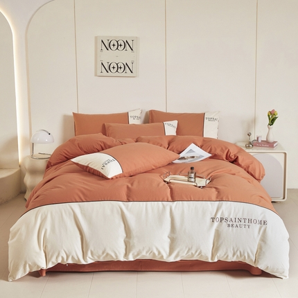 91家纺网 家纺一手货源 找家纺 涵美人家纺 2025新款纯棉全棉长绒棉高密加克重双拼刺绣四件套 爱马橙