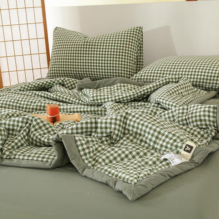 91家纺网 家纺一手货源 找家纺 花言狐语 2025新款A类全棉水洗棉夏被四件套 绿小格-单夏被