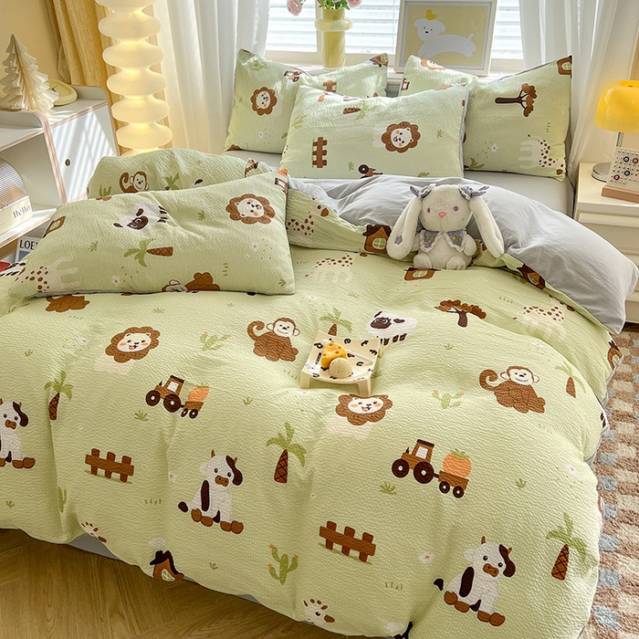 91家纺网 家纺一手货源 找家纺 妖妖家纺 2024新款有氧水洗泡泡棉印花四套泡芙棉四件套 动物园记