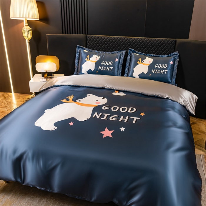 91家纺网 家纺一手货源 找家纺 梦舒羽 2025新款可水洗大版冰丝床单卡通床笠四件套 白白熊-大版冰丝被套