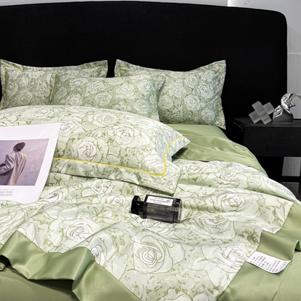91家纺网 家纺一手货源 找家纺 佳品居 2024新款直播水洗天丝夏被冰丝夏凉被空调被四件套 香奈绿