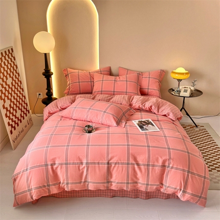 91家纺网 家纺一手货源 找家纺 （总）三沁 2024新款AAA版直播爆款纯棉全棉色织水洗棉简约格子式四件套（床单圆角荷叶边）