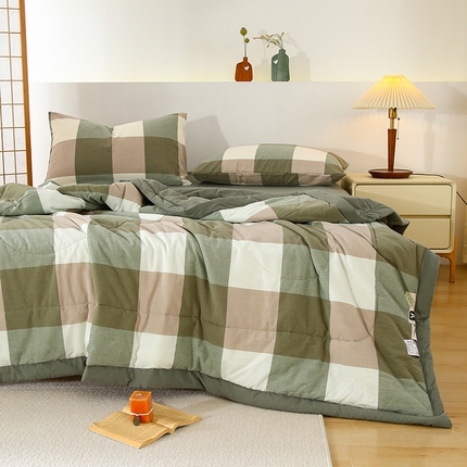 花言狐语 2025新款A类全棉水洗棉夏被四件套 绿大格-单夏被