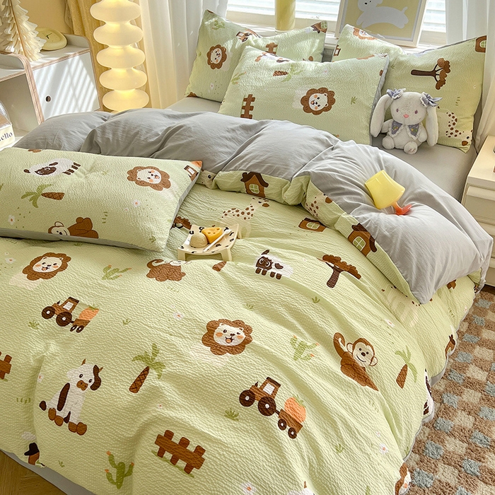 91家纺网 家纺一手货源 找家纺 妖妖家纺 2024新款有氧水洗泡泡棉印花四套泡芙棉四件套 动物园记