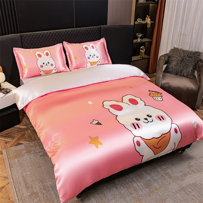 91家纺网 家纺一手货源 找家纺 梦舒羽 2025新款可水洗大版冰丝床单卡通床笠四件套 小兔叽-大版冰丝被套