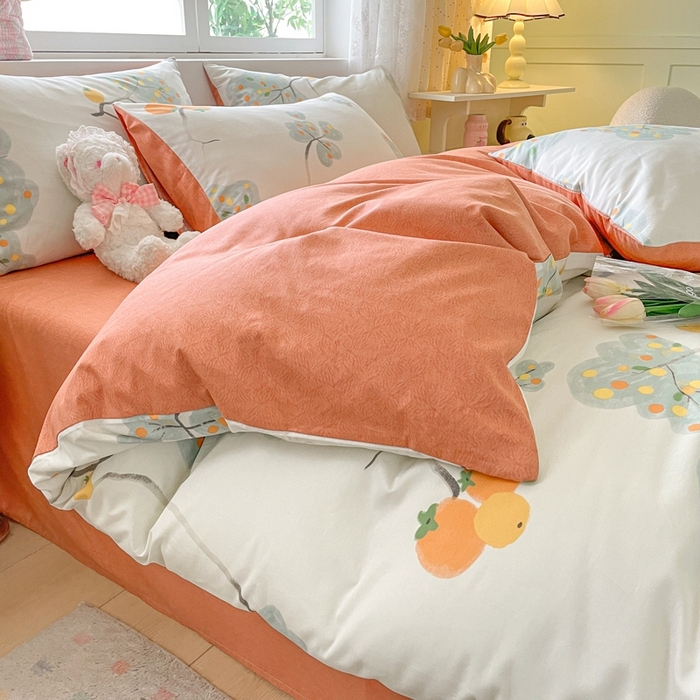 91家纺网 家纺一手货源 找家纺 洺兰家居 2025年新款13372全棉印花四件套纯棉小清新北欧风花卉床单床笠款套件 柿柿如意