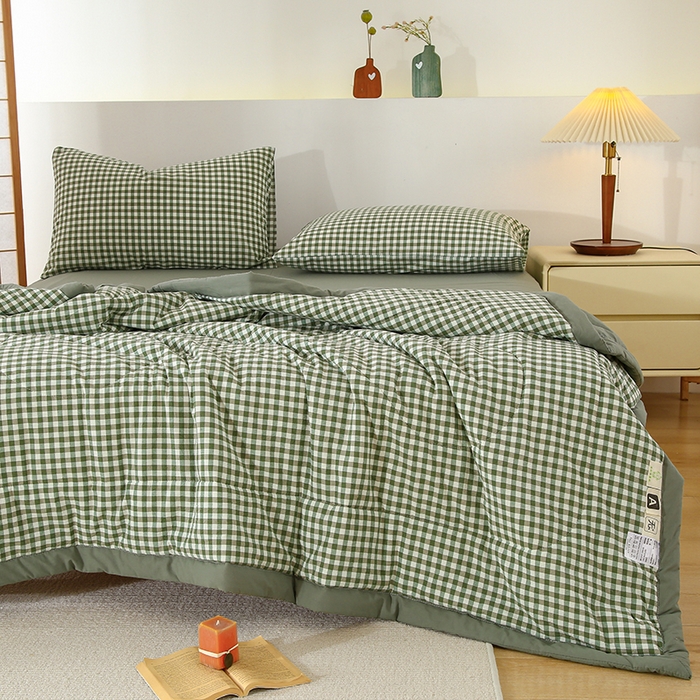 91家纺网 家纺一手货源 找家纺 花言狐语 2025新款A类全棉水洗棉夏被四件套 绿小格-单夏被
