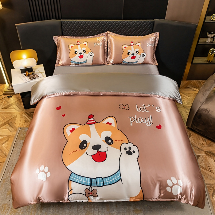 91家纺网 家纺一手货源 找家纺 梦舒羽 2025新款可水洗大版冰丝床单卡通床笠四件套 可爱汪-大版冰丝被套