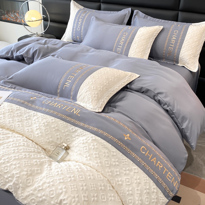 91家纺网 家纺一手货源 找家纺 梦之岛 2024新款A类浮雕立体水洗真丝天丝四件套 浮雕路易斯-山灰