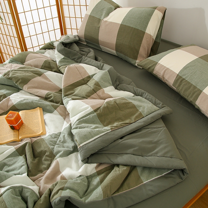 91家纺网 家纺一手货源 找家纺 花言狐语 2025新款A类全棉水洗棉夏被四件套 绿大格-单夏被