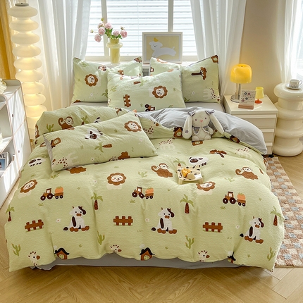 妖妖家纺 2024新款有氧水洗泡泡棉印花四套泡芙棉四件套 动物园记