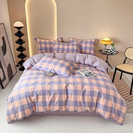 91家纺网 家纺一手货源 找家纺 （总）三沁 2024新款AAA版直播爆款纯棉全棉色织水洗棉简约格子式四件套（床单圆角荷叶边）