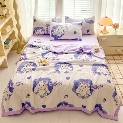 妖妖家纺 2024新款有氧水洗泡泡棉印花四套泡芙棉夏被四件套 可爱兔兔
