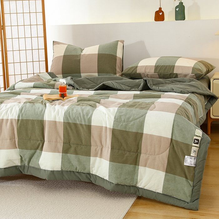 91家纺网 家纺一手货源 找家纺 花言狐语 2025新款A类全棉水洗棉夏被四件套 绿大格-单夏被