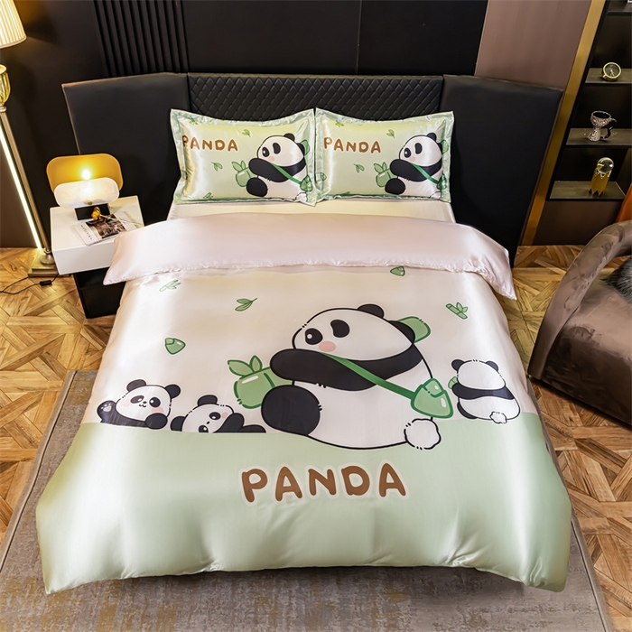 91家纺网 家纺一手货源 找家纺 梦舒羽 2025新款可水洗大版冰丝床单卡通床笠四件套 熊猫乐园-大版冰丝被套