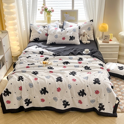 妖妖家纺 2024新款有氧水洗泡泡棉印花四套泡芙棉夏被四件套 俏皮熊