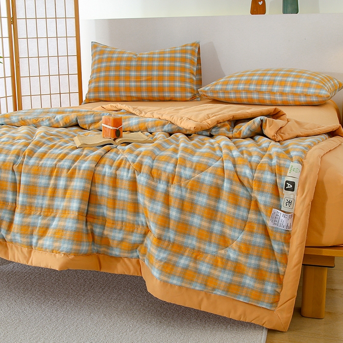 91家纺网 家纺一手货源 找家纺 花言狐语 2025新款A类全棉水洗棉夏被四件套 蜜橘格-单夏被
