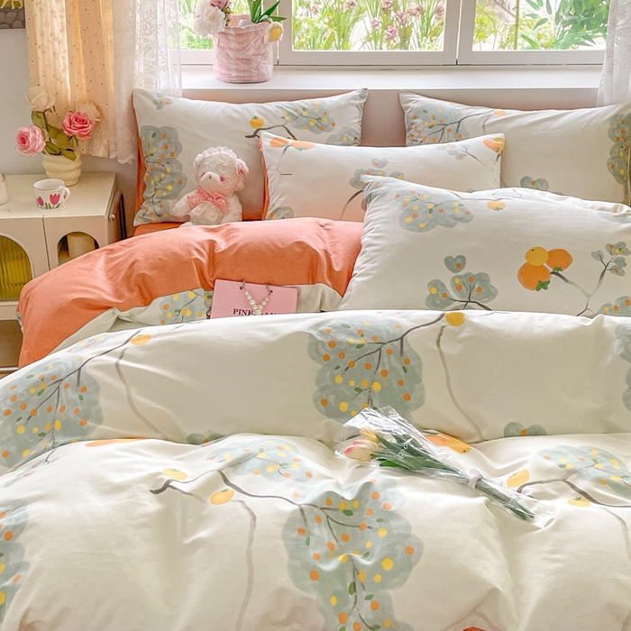 91家纺网 家纺一手货源 找家纺 洺兰家居 2025年新款13372全棉印花四件套纯棉小清新北欧风花卉床单床笠款套件 柿柿如意