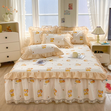 宜凡家纺 2024新款复古双拼全棉印花夹棉床笠式床裙三件套 趣味小龙