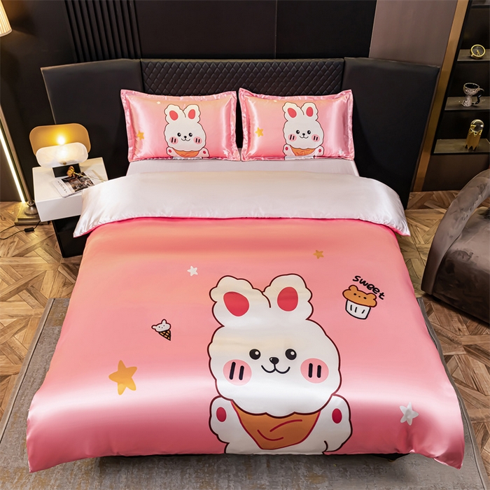 91家纺网 家纺一手货源 找家纺 梦舒羽 2025新款可水洗大版冰丝床单卡通床笠四件套 小兔叽-大版冰丝被套