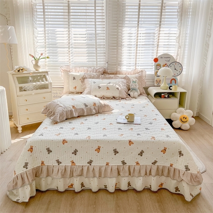 宜凡家纺 2024新款全棉复古印花床盖三件套 玩具小熊