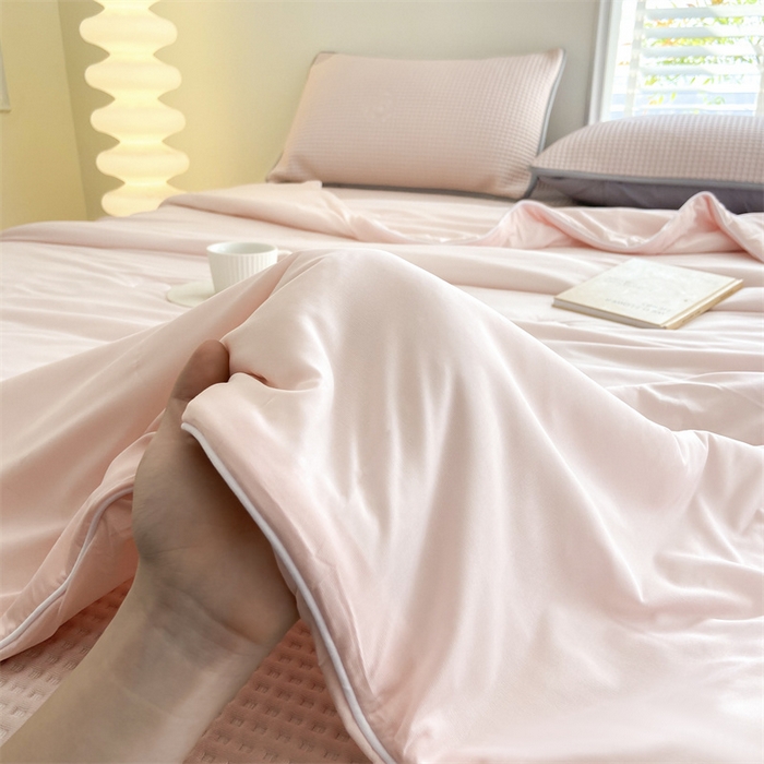 91家纺网 家纺一手货源 找家纺 欧邦 新款华夫格冰豆凉感床笠款夏被套件 小熊款-贵妃粉