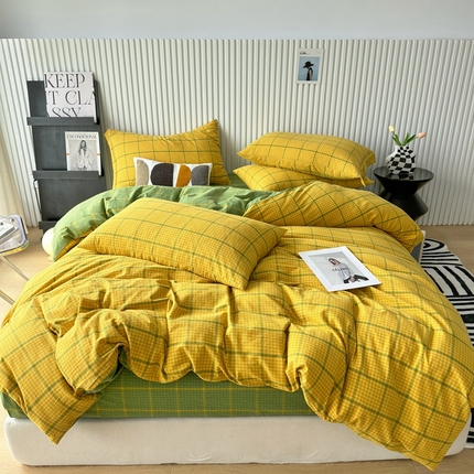 91家纺网 家纺一手货源 找家纺 （总）三沁 2024新款AAA版直播爆款纯棉全棉色织水洗棉简约格子式四件套（床单圆角荷叶边）