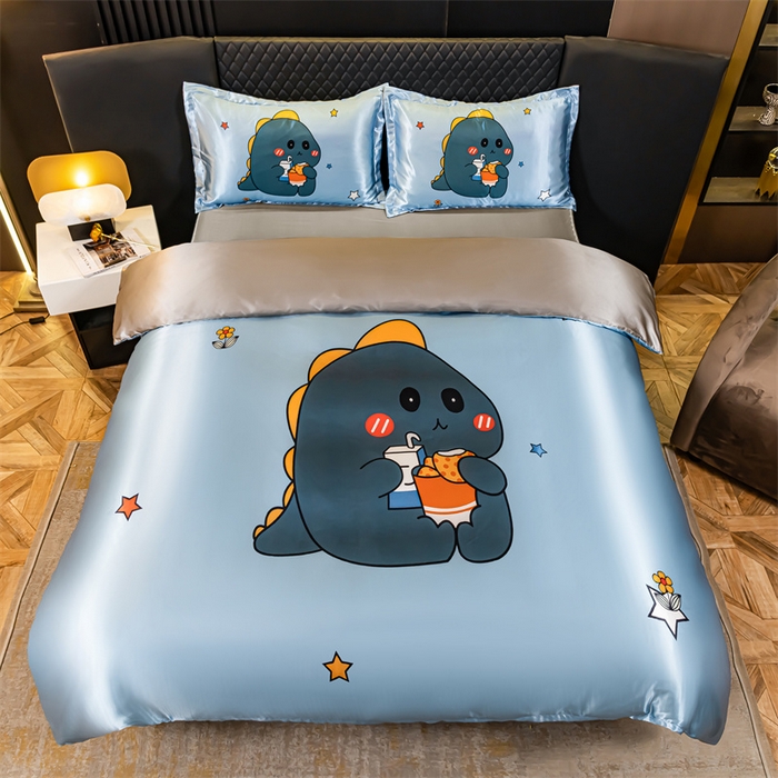 91家纺网 家纺一手货源 找家纺 梦舒羽 2025新款可水洗大版冰丝床单卡通床笠四件套 小恐龙-大版冰丝被套