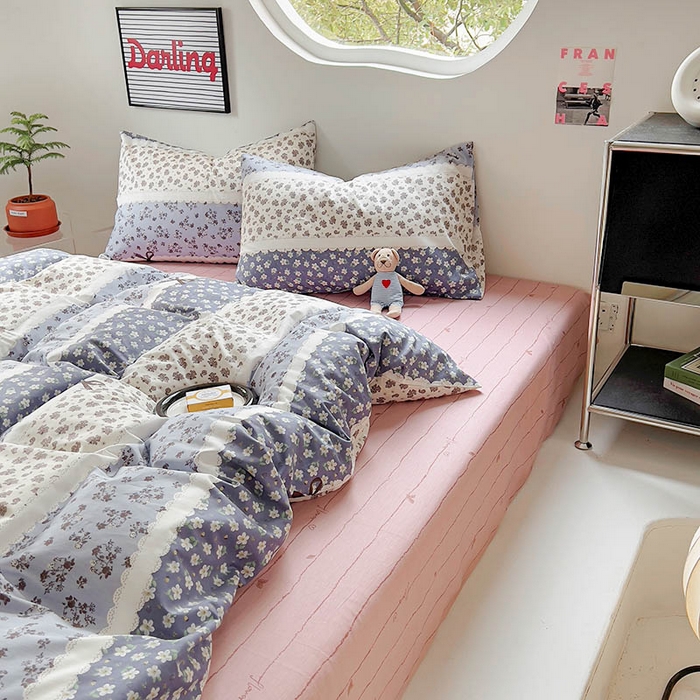 91家纺网 家纺一手货源 找家纺 田野 2024新款13372全棉INS印花四件套 芬芳-蓝