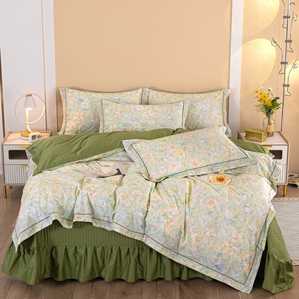木兰花 2024新款全棉13376精梳棉数码印花床盖款四件套 落花绿