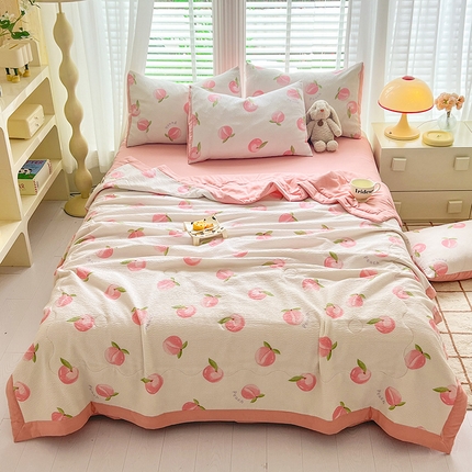 妖妖家纺 2024新款有氧水洗泡泡棉印花四套泡芙棉夏被四件套 小蜜桃