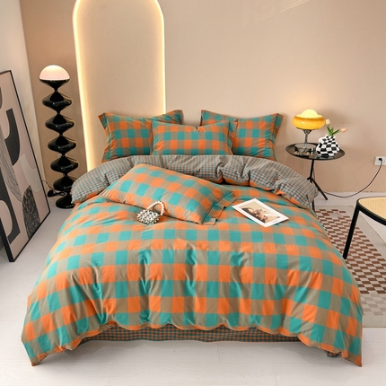 91家纺网 家纺一手货源 找家纺 （总）三沁 2024新款AAA版直播爆款纯棉全棉色织水洗棉简约格子式四件套（床单圆角荷叶边）