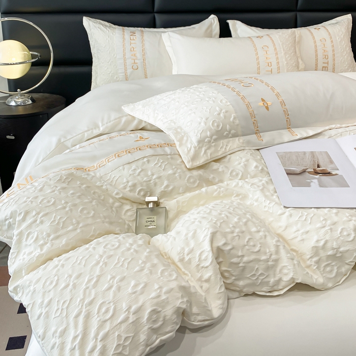 91家纺网 家纺一手货源 找家纺 梦之岛 2024新款A类浮雕立体水洗真丝天丝四件套 浮雕路易斯-奶白