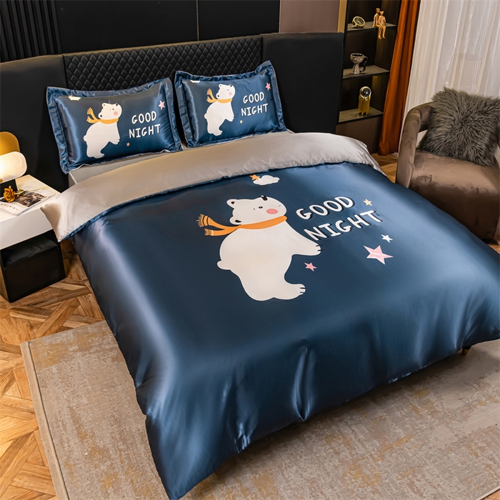 91家纺网 家纺一手货源 找家纺 梦舒羽 2025新款可水洗大版冰丝床单卡通床笠四件套 白白熊-大版冰丝被套