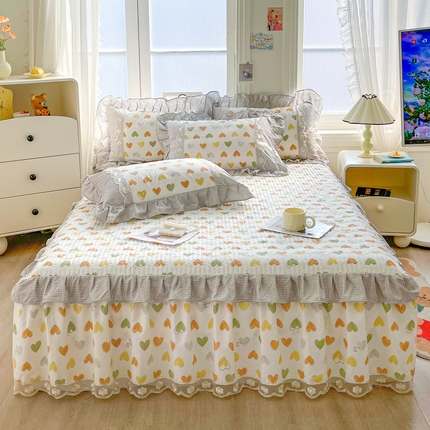宜凡家纺 2024新款复古双拼全棉印花夹棉床笠式床裙三件套 甜蜜生活