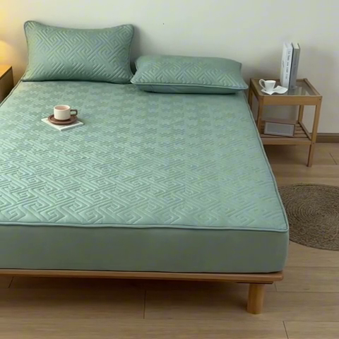 91家纺网 家纺一手货源 找家纺 古吉梦 2024新款水洗棉磨毛夹棉床笠 夹棉床笠-青石绿