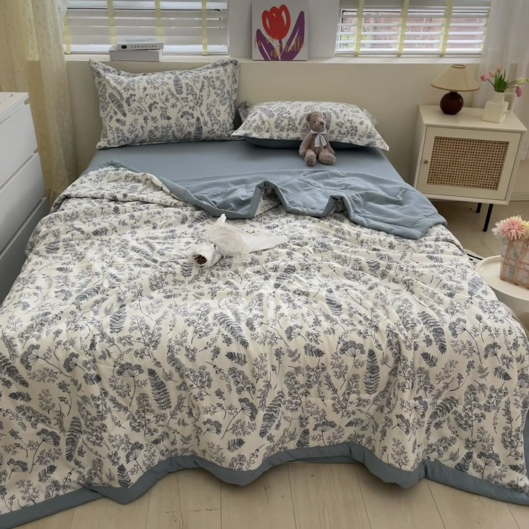 91家纺网 家纺一手货源 找家纺 梵克保罗 2024新款春夏水洗棉麻双层纱夏被四件套 花季