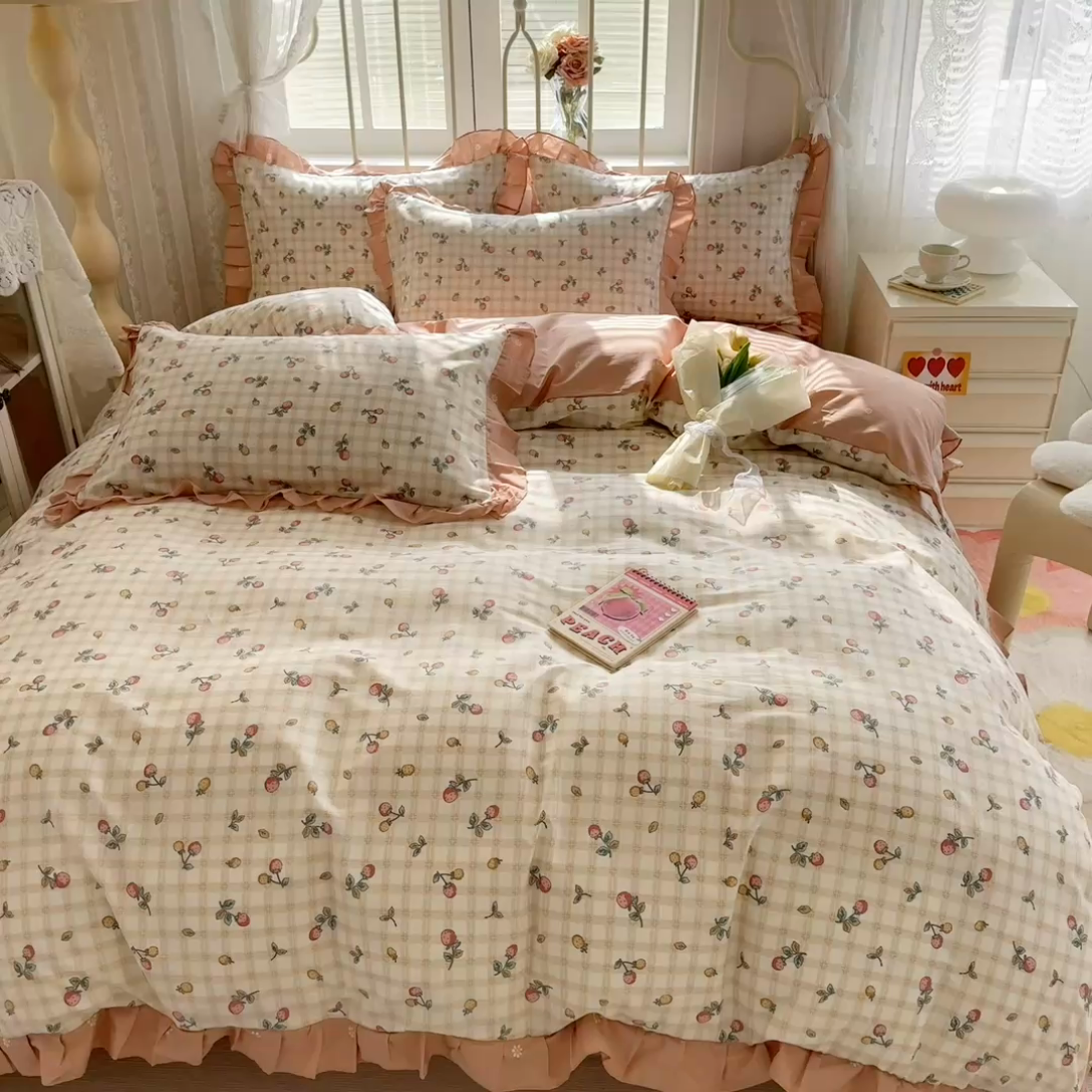 91家纺网 家纺一手货源 找家纺 眠屿 2024新款40支全棉花边四件套 林间思语