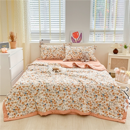 梵克保罗 2024新款春夏水洗棉麻双层纱夏被四件套 春日花园兔