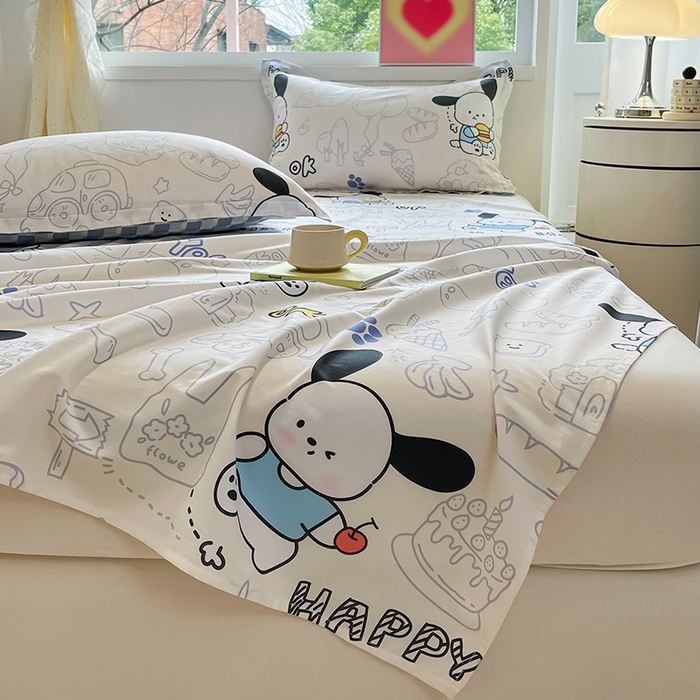 91家纺网 家纺一手货源 找家纺 绵庭家纺 2024新款AB版12868全棉印花单床单 蓝色小狗